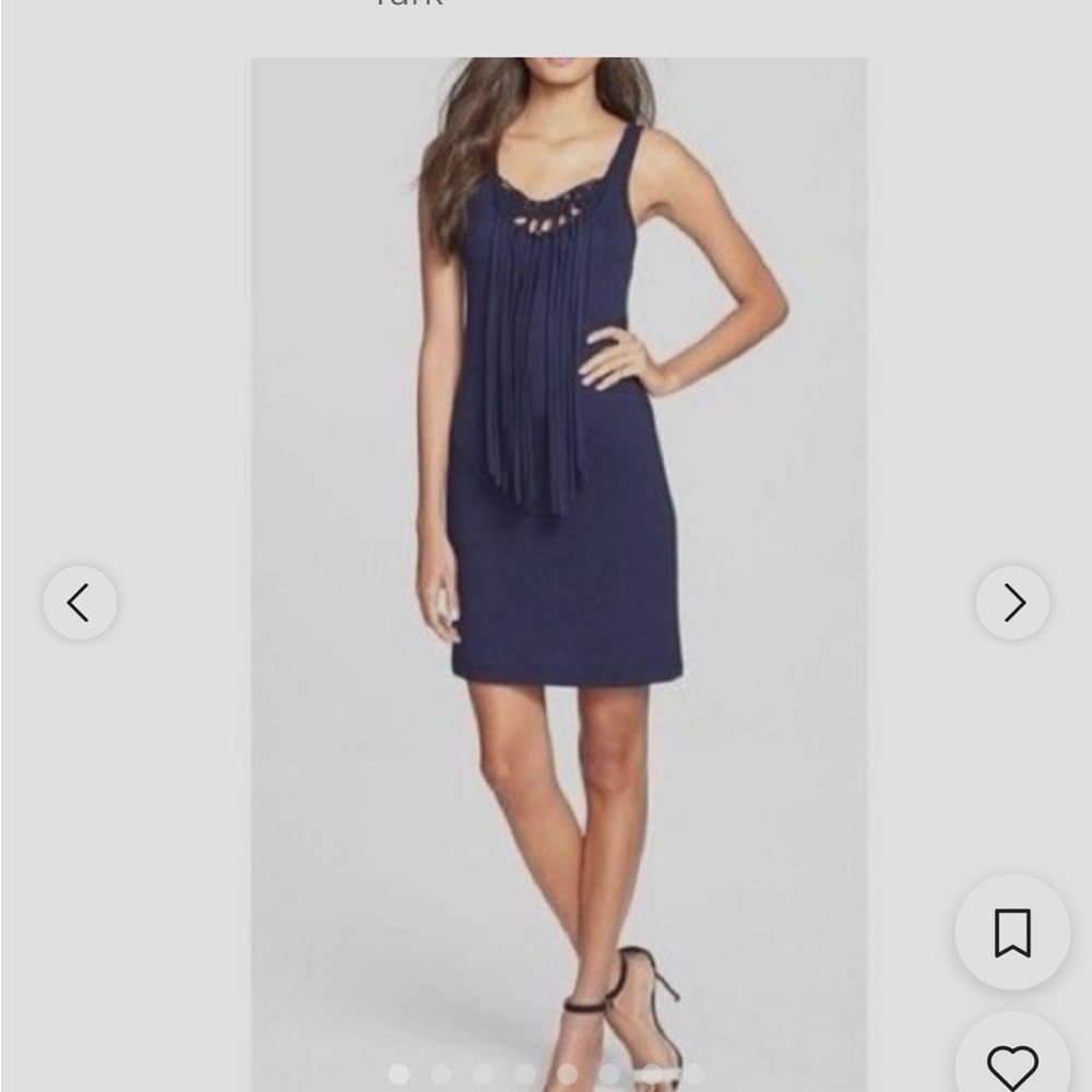 Trina Turk Althea Jersey Fringe sleeveless navy tank dress macrame chest fringe